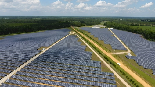 Rows of solar panels fill a rural field, divided by access roads and surrounded by trees under a cloudy sky